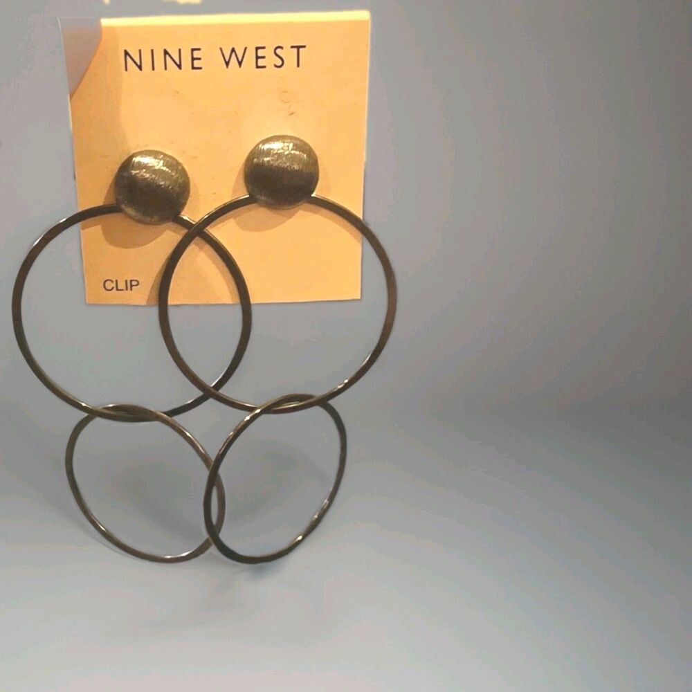 NWT Nine West Vintage Clip-On Earrings Statement Double Hoop Gunmetal Tone
